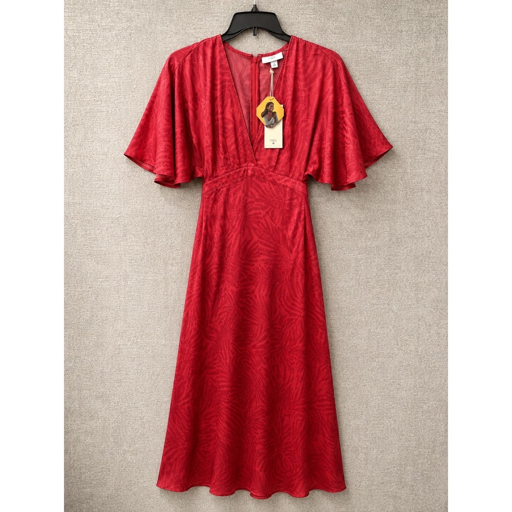 Fe Noel Target Women Dress 0 Red Jacquard Palm Flutter Sleeve V-Neck Midi